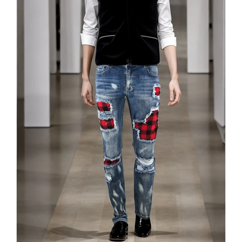 Fabriek populaire gewassen herenjeans van denim, strakke gescheurde broek voor heren, zwart-wit vrijdag casual vrijetijdsjeans voor heren met gaten