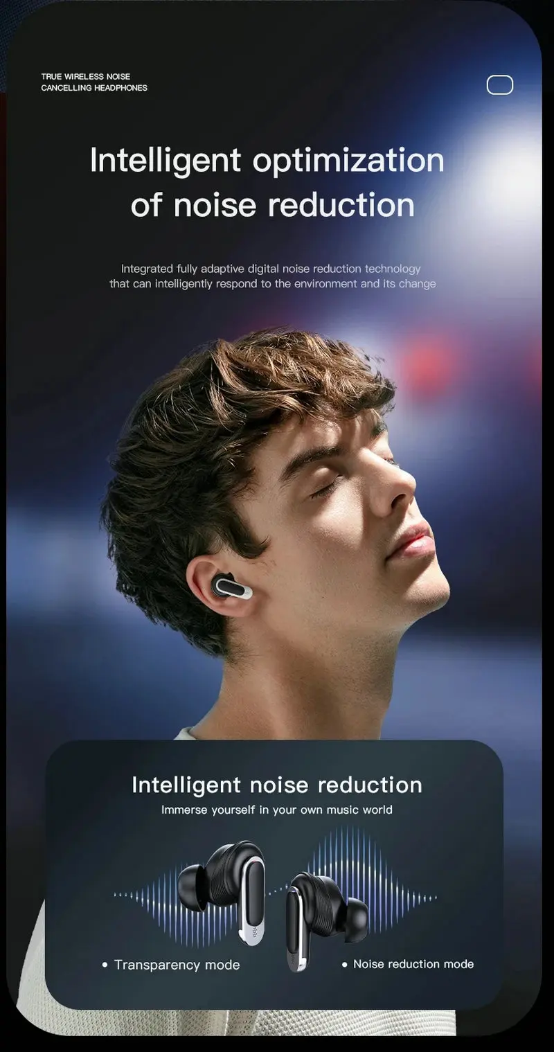 2026 New Design V8 Touch LCD Screen Display Headset ENC TWS Gaming Earbuds Waterproof Earphone Wireless Digital Display Battery