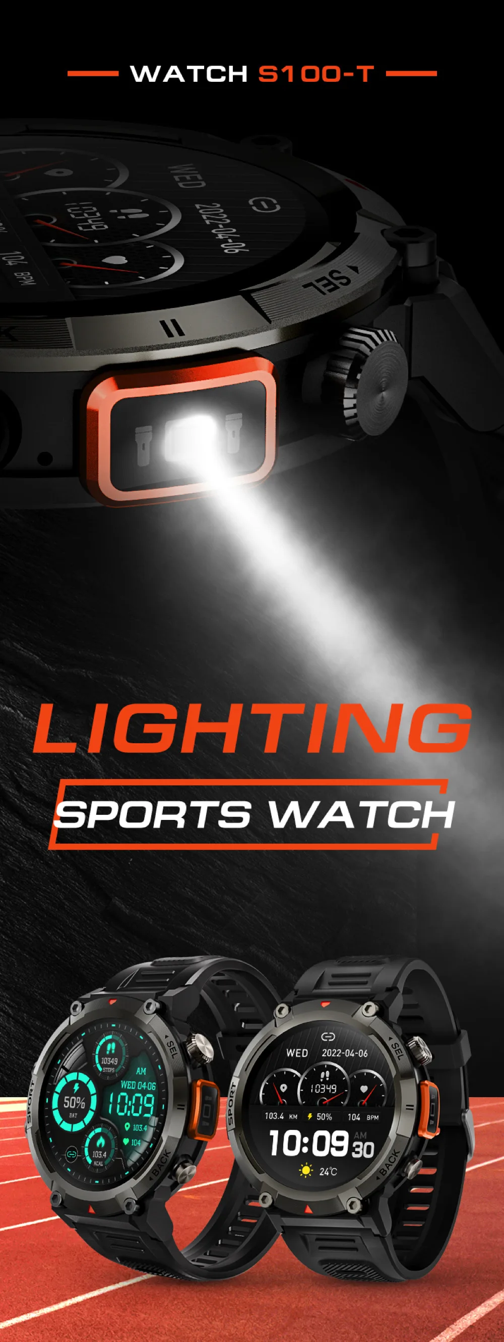 2025 New S100 Smartwatch Men 1.45 Inch TFT HD Screen BT 5.0 Waterproof IP67 Flashlight Night Sports Fitness Bracelet Heart Rate