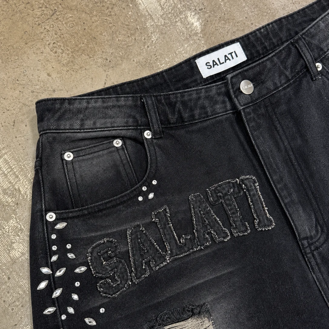 Custom Manufacturer Black Acid Washed Distressed Ripped Raw-Hem High-Waisted Knitted Embroidered Print Canvas Streetwear Men's gallery 4
