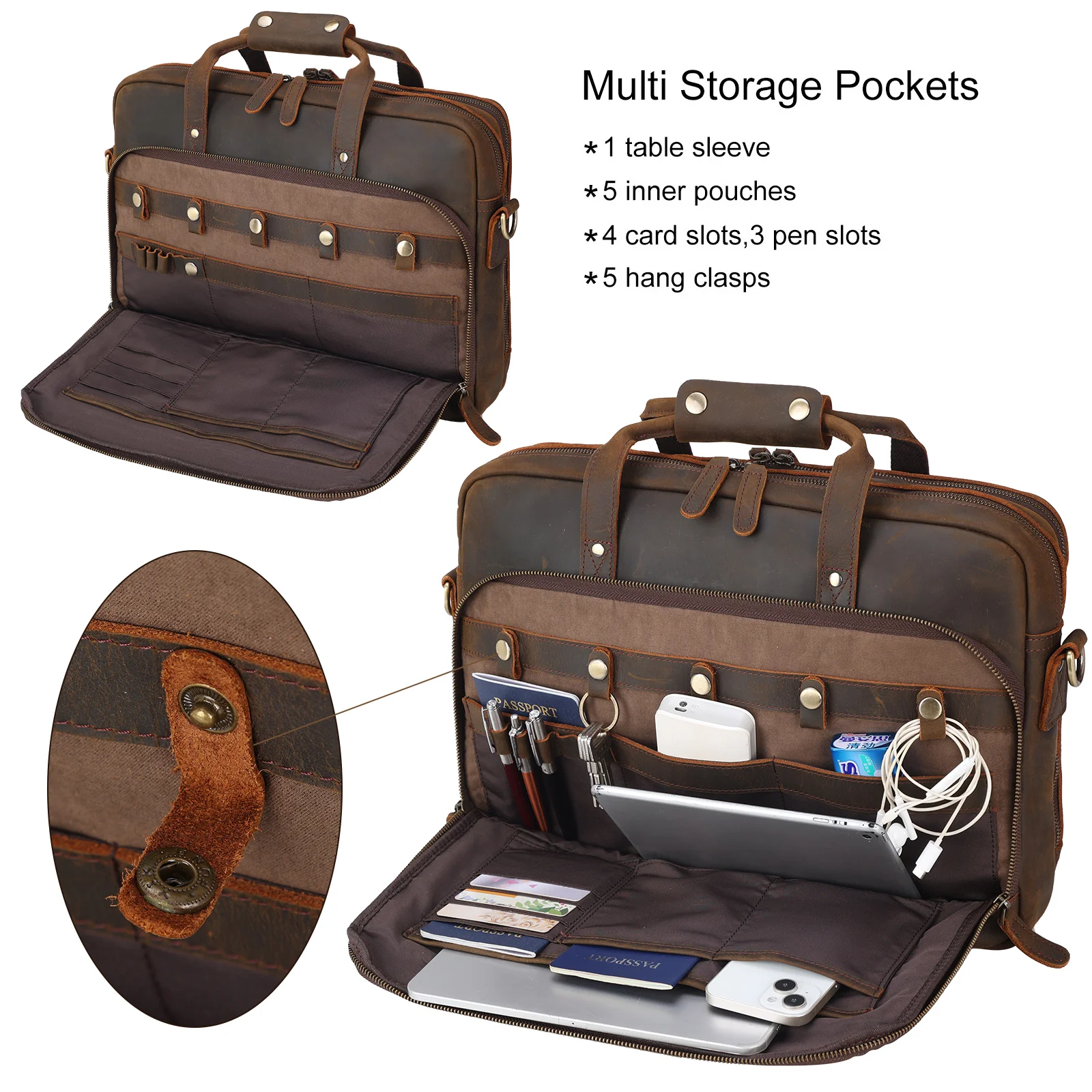 New Arrival 15.6 Inch Cow Leather Travel Briefcase Bag Vintage Retro Crazy Horse Leather Briefcase for Men