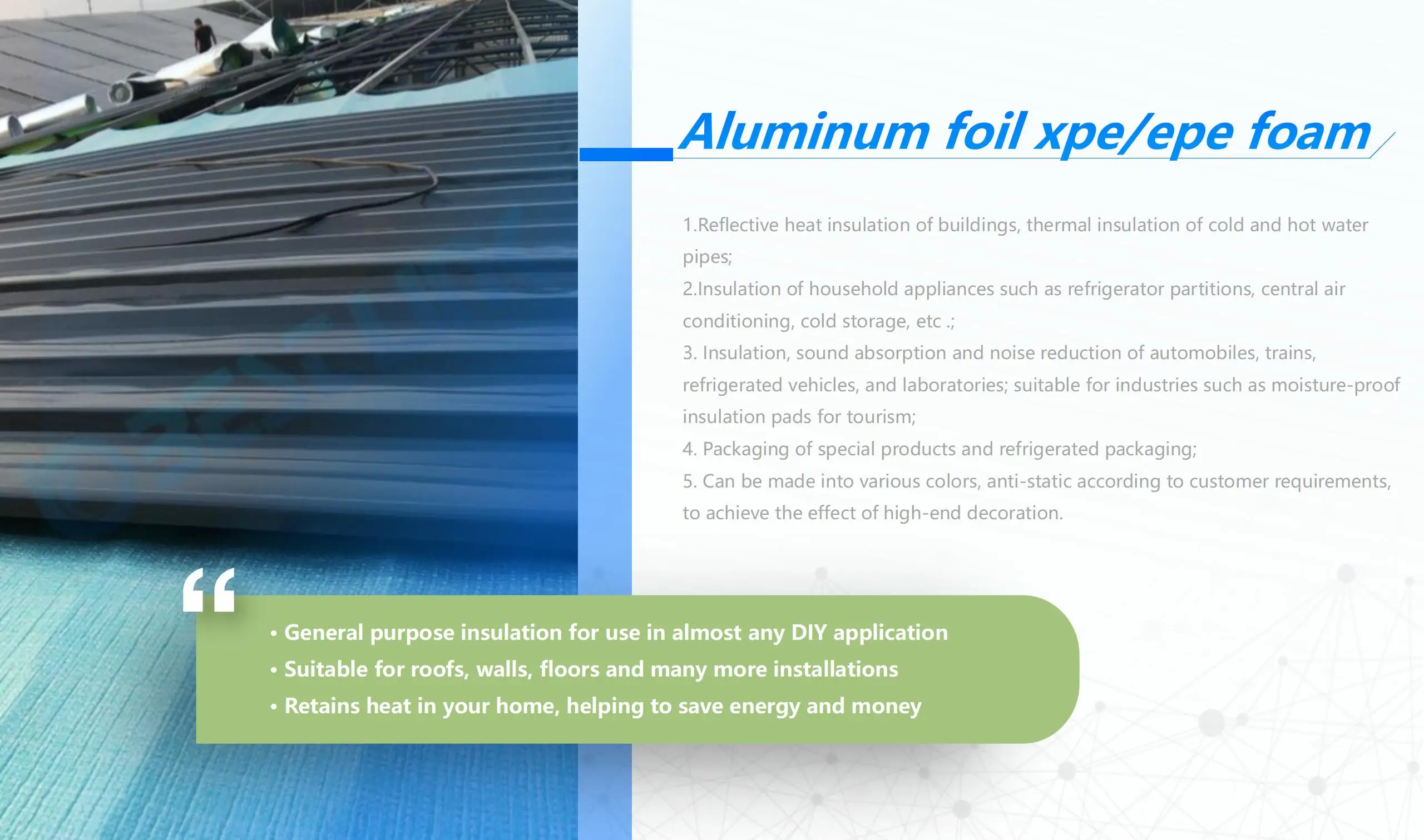 Building materials fire and heat resistant woven foil insulation xpe
