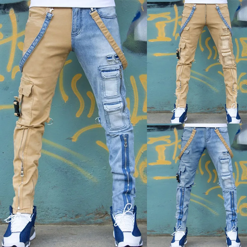 Patchwork Denim Pants, Men's Double Jeans, Denim Street Wear