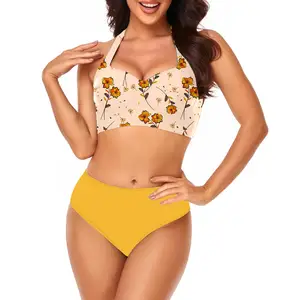 2026 Women Wholesale 2 Pieces Bikinis Vintage Pint Retro Style Halter High Waist Bottom Bikini Set Swimsuits
