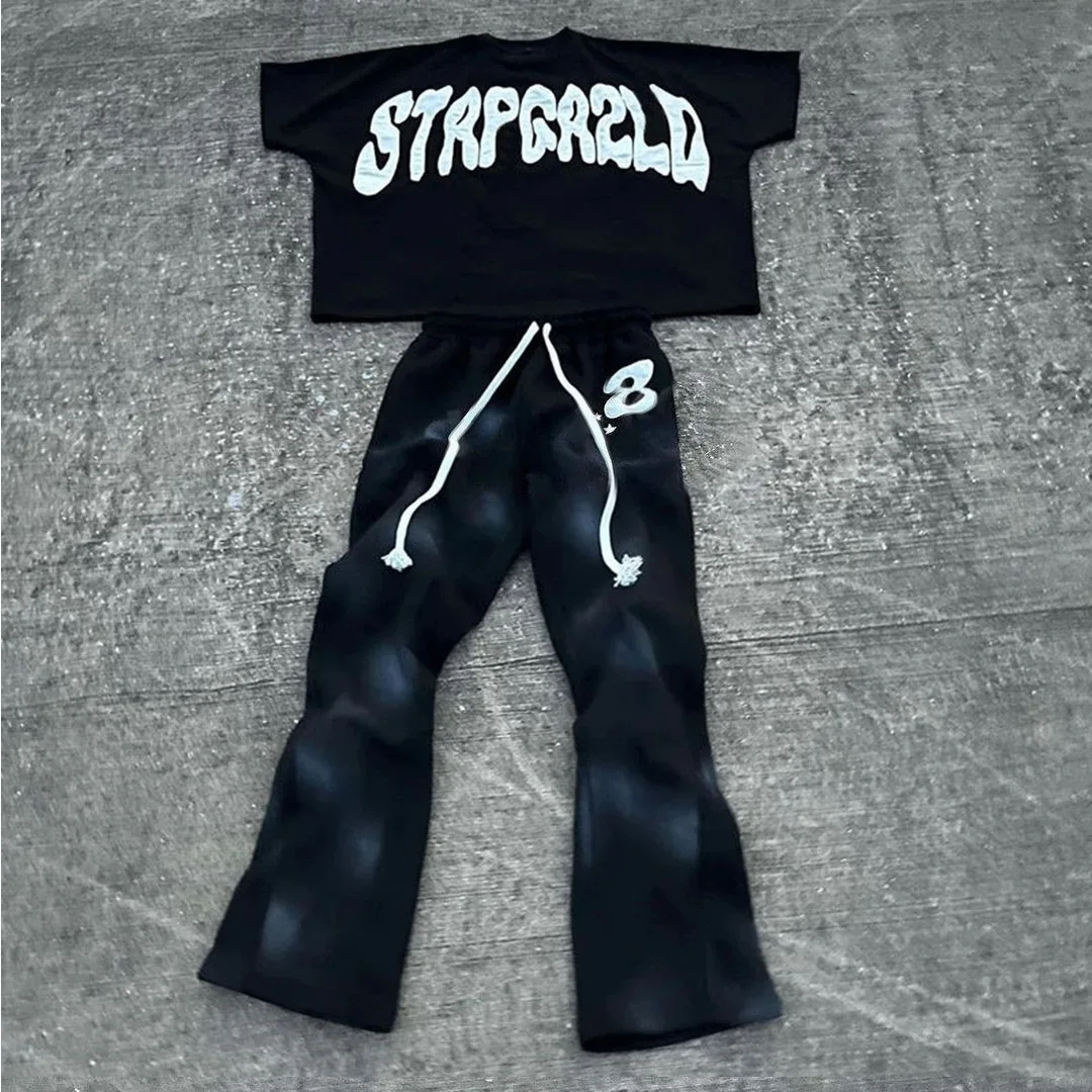 Custom High Quality Summer Two Piece Baggy Acid Wash Matching Tracksuits Shorts Sleeve T Shirts and Flared Pants Sets for Men gallery 3
