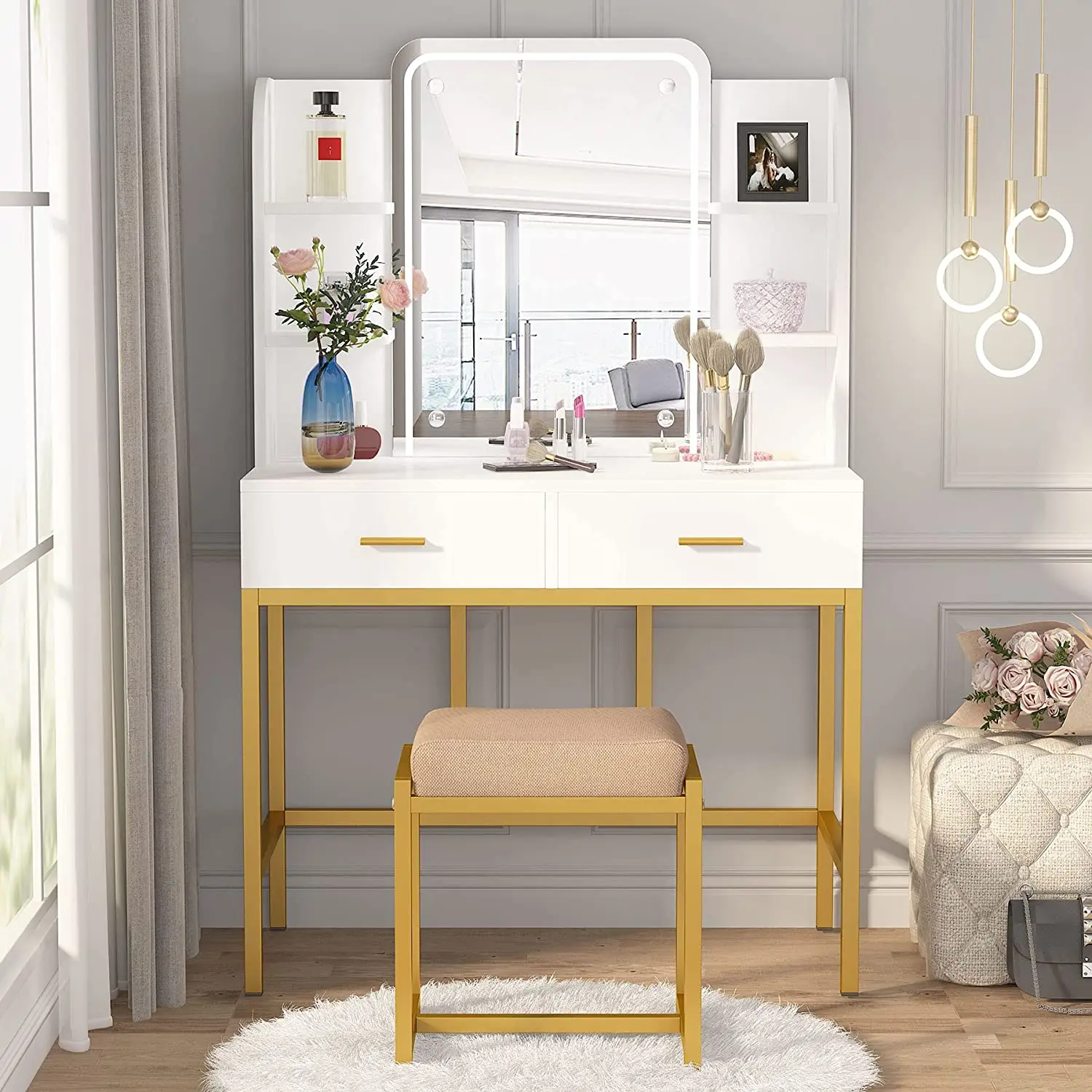 Unique Symmetrical Design Led Light Mirror Golden Iron Frame Simple Iron Dressing Table