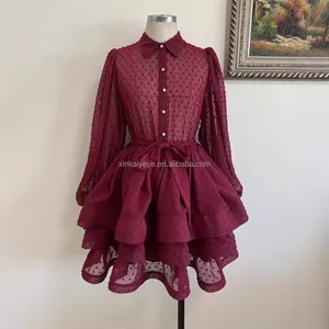 Designer Fashion Mini Dress Women Full Sleeve Turn-down Collar Dots Print See-through Cascading Ruffles Belt Casual Holiday