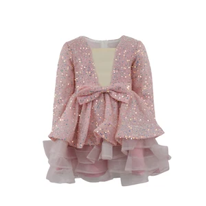 Exquisite Pink Sequin Embellished Girls' Dress Ruffled Tulle Detail Chic Bow Dress for Festive Occasions