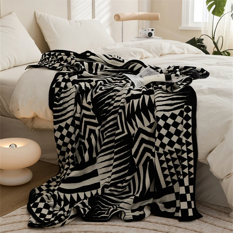 Hot Selling Geometric Jacquard 100% cotton knitted throw blanket for office and travel blanket  BYG manufacture