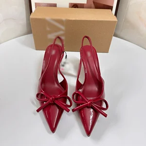 QuiteS New 2026 Pointy Red Lacquered Bow Adornment Fashion Light Mouth Back Trip Strap Sandals Design Shoes Women