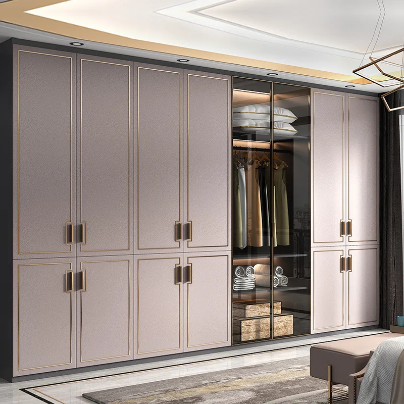 Postmodern Style Custom Wardrobe Minimalist Bedroom Light Luxury Glass Sliding Door Wardrobe