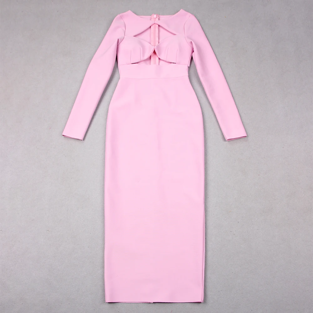 pink bandage dress long sleeve Alyssa Bandage Long Sleeve Cut Out Rhinestone Gown Dress