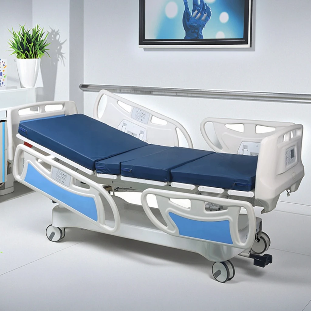 Adjustable Modern Foldable Metal Hospital Medical Bed with 4 Motors Infusion & PP Guardrails for ICU Gym School & Hotel Use 5