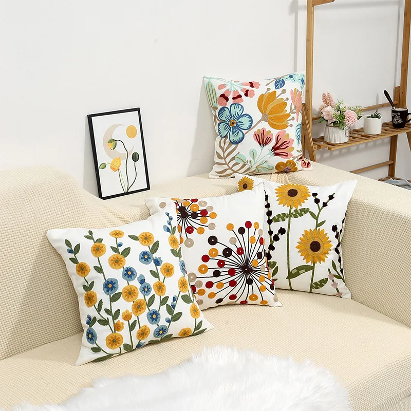 Modern Rustic Floral Cotton Boho Throw Pillow Case Embroidered Leaves Pattern for Home or Hospital Decor