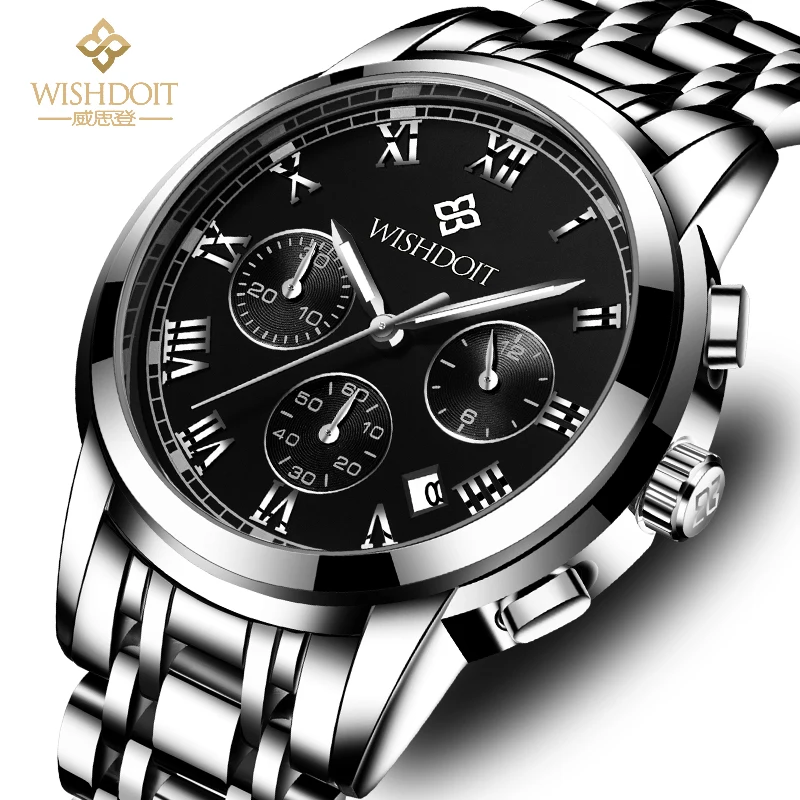 WISHDOIT 016 New Design Mens Quartz Watch Original Stainless Steel Band  Dials Chronograph Calendar Casual Watch Design