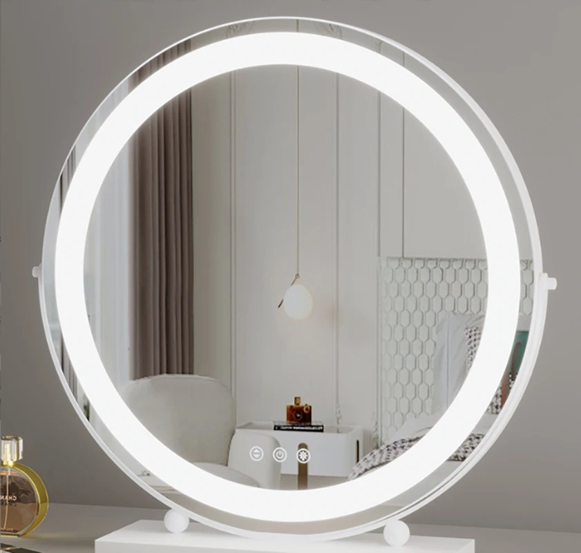 Gold Frame Round Rotating Tabletop Makeup Mirror with LED Light for Dressing Table Vanity