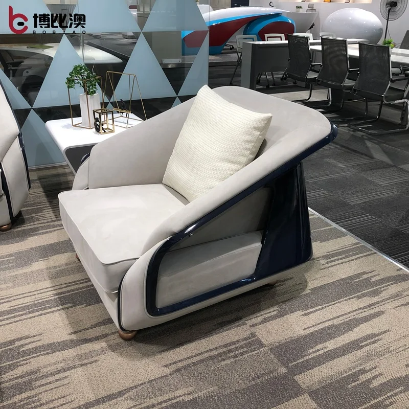 Executive Blue Gray Leather Meeting Room Reception Sofa Furniture 2020 Luxury Modern MDF Glossy Office Sofa