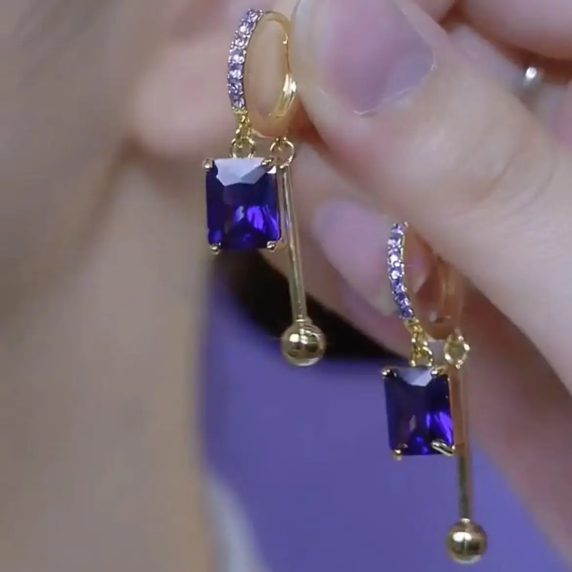 AA02164 Sparkling Geometric Drop Earrings for Women Luxury Purple Crystal Tassel Earrings