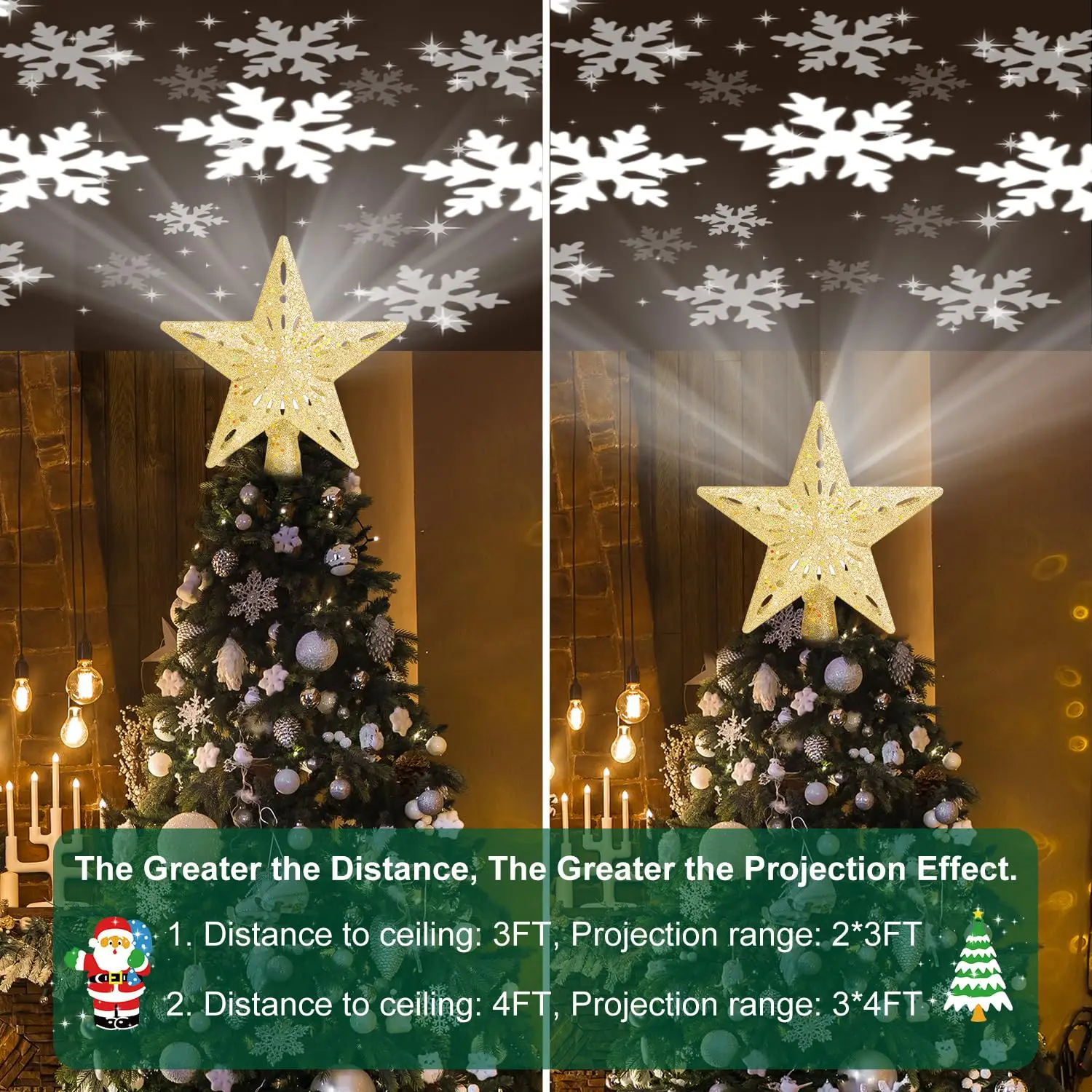 Christmas Tree Top Light - Metal Glittering Silver Snow Tree