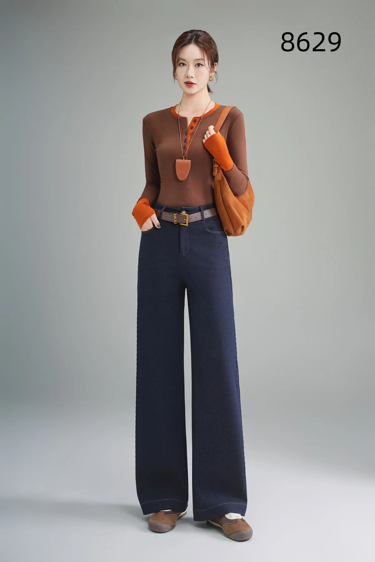 Lady's High-Waisted Wide-Leg Fall/Winter Office Pants Breathable Plain Dyed Solid Color Long Zipper Fly Anti-Wrinkle Wear a Belt