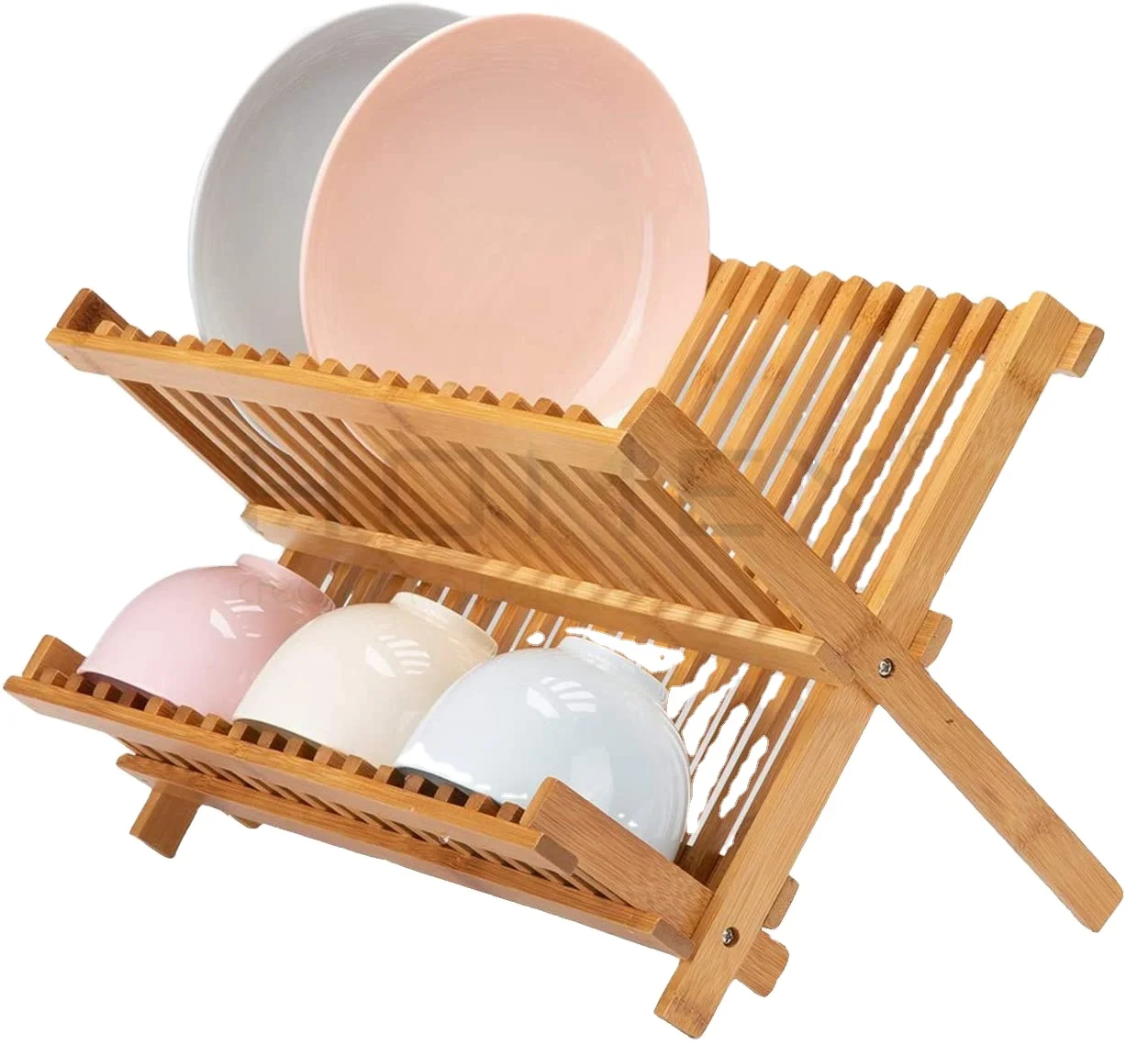 Large Capacity Plate Storage Rack Double Layer Bamboo Dish Racks with Kitchen Plate Drying Rack