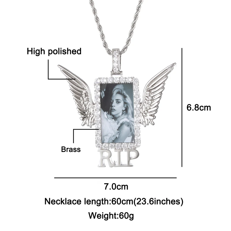 Custom Photo Memory Miss the Past RIP Wings Square Solid DIY Photo Pendant Necklace With Rope Chain Hip Hop Jewelry