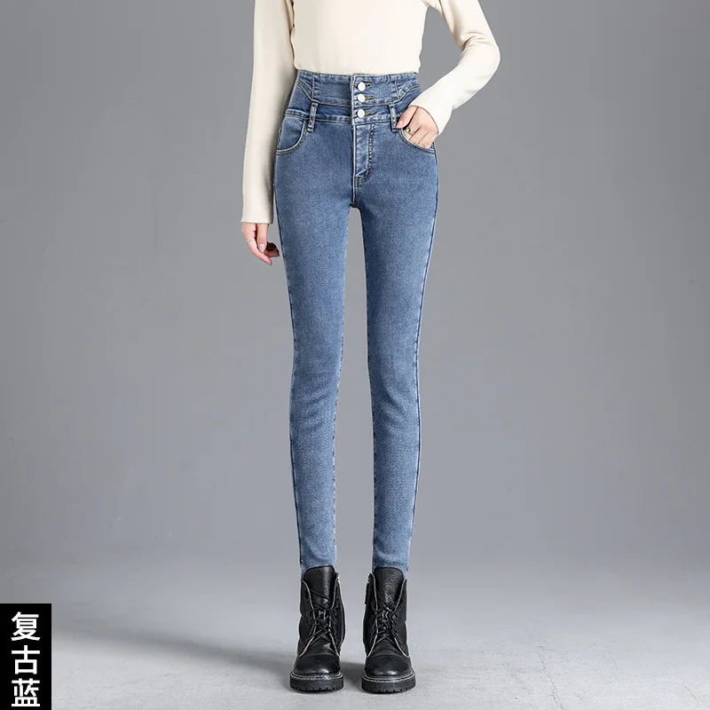 Warm Slim Fit Stretch Ladies Casual Denim Pencil Pants High Waist Winter Thick Velvet Fleece Lined Skinny Jeans Women