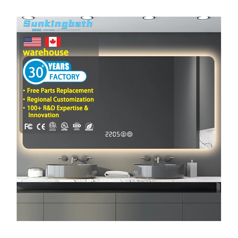 Led Bathroom Vanity Wall Make-Up Illuminated Clock Modern Smart Mirror With Bluetooth Illuminated Anti-Fog Bath Mirrors