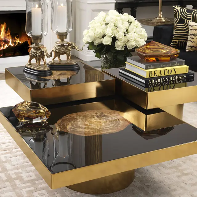 Custom Processing Italy Style Matte Gold Finish Petrified Wood High Gloss Coffee Table