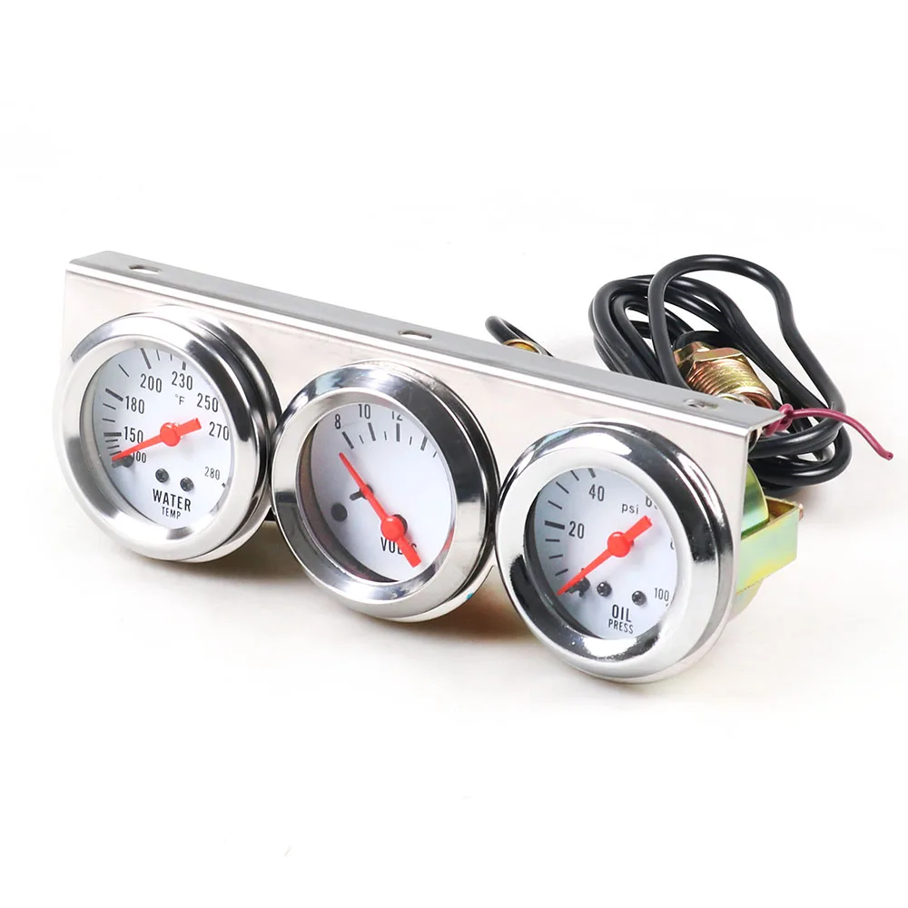 Chrome 2inch 52MM Triple Gauge Kit Volt Meter Water Temp Temperature Gauge Oil Press Pressure Gauge Car Meter