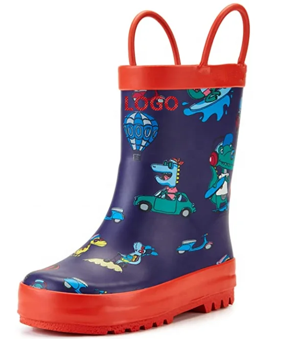 Waterproof Printed Rain Boot with Easy Pull on Handles