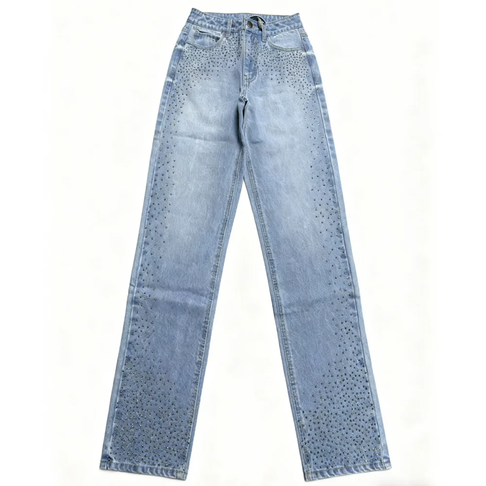 Cotton Classic American High Street Vibe Blinged-Out Twist Side Rhinestone-Embellished Jeans Wide Leg Straight Brillo