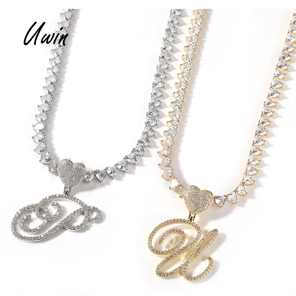 UWIN Initial Heart Hook Cursive Letter Pendant CZ Necklace with