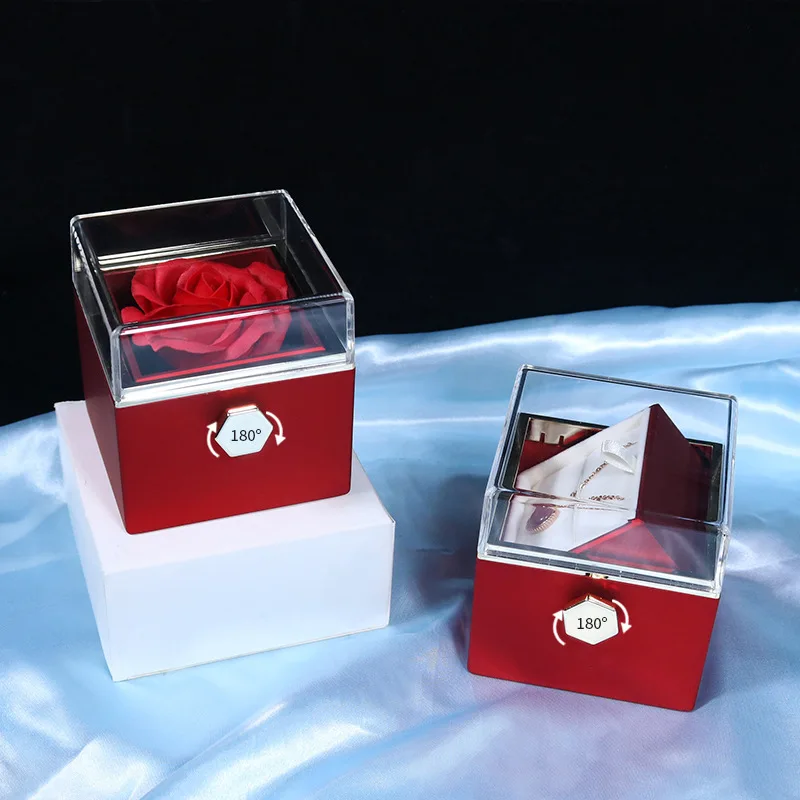Customized Eternal Rose Acrylic Jewelry Rotating Flower Gift Box Wedding Ring Box Necklace Storage Box