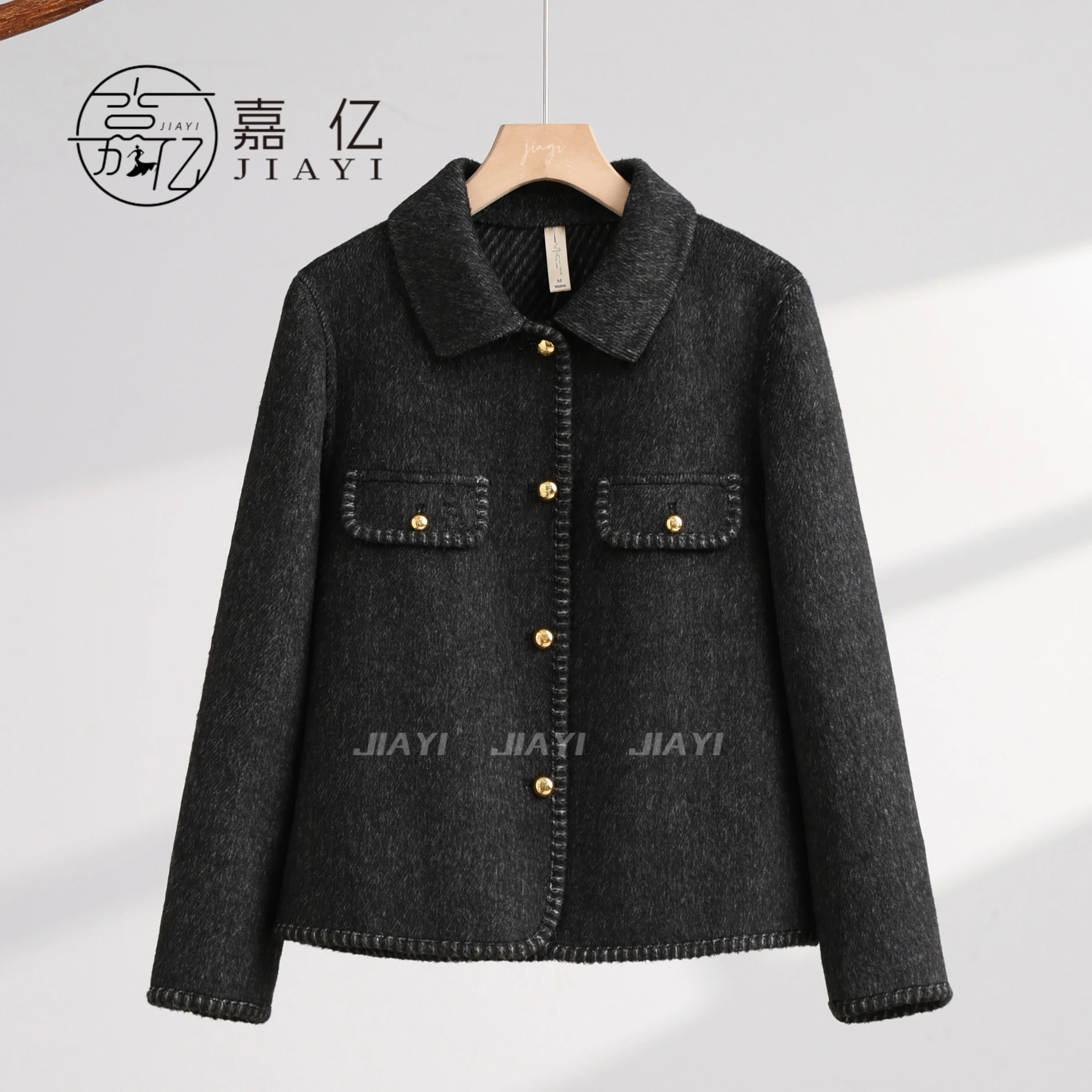 Elegant Women's Long Winter Quilted Wool Coat with Double-Breasted Cashmere Closure Logo Decoration Ground Color-New Collection