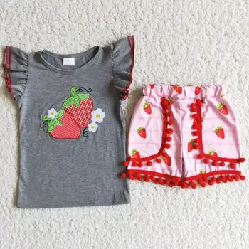 Girl next door Small fly sleeve Strawberry embroidered grey cotton top pink stripe with red ball shorts