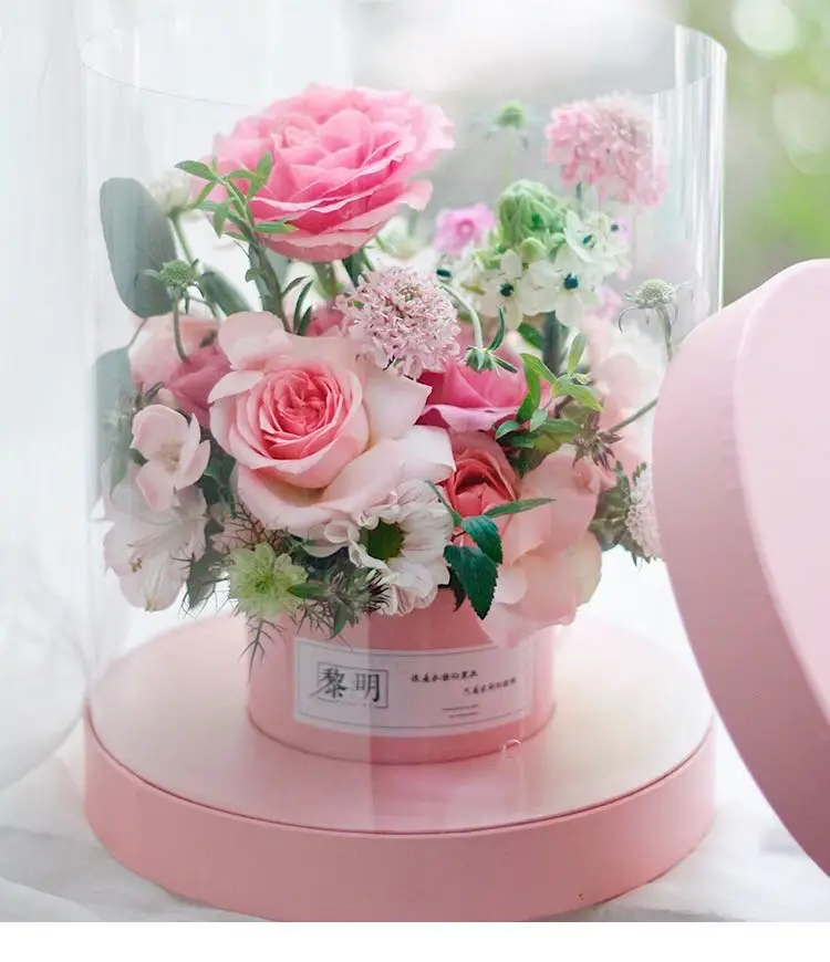 Factory Custom Transparent Paper Strawberry clear Flower Packaging Paper Round Rose Box Round Gift Boxes for Flower