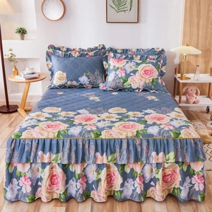 Double Layer Bedspread Floral Printed Bed Sheet Bilateral Full Queen king Size Pillowcase Bedsheets Bed Skirts Set