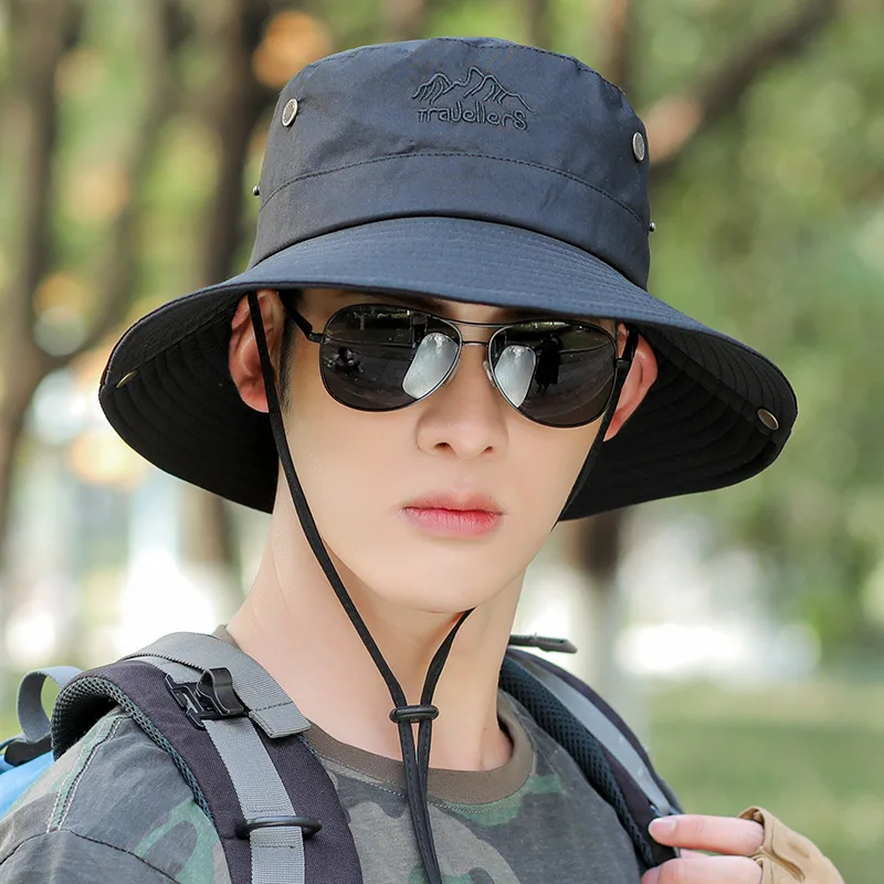 WDD377 New Design Men Lacing Cotton Folded Sun Hats Male Outdoor Hiking  Bucket Hats Summer Beach Fashion Big Brim Fisherman Hats