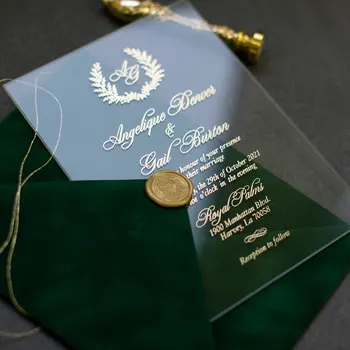 Luxury Green Velvet Envelope Wedding Invitation Cards Transparent Acrylic Invites