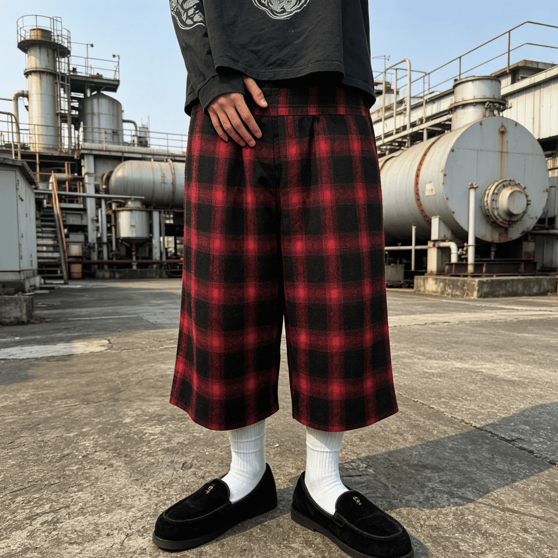 Custom Mens Checkered Plaid Cropped Pants Wide Leg Streetwear Elastic Waist Baggy Trousers For Casual Daily Wear gallery 2