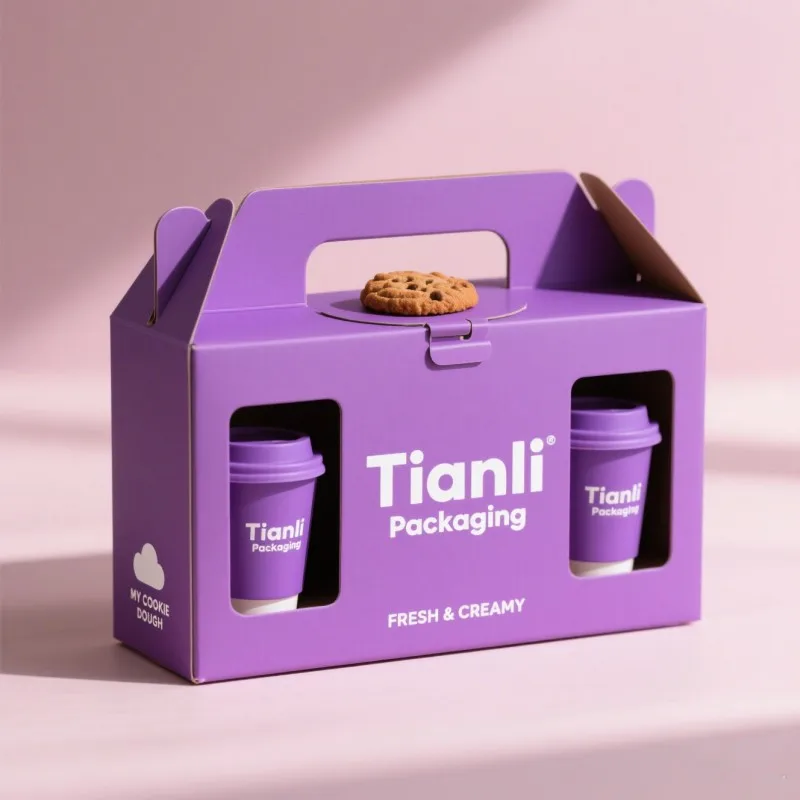 Customized logo Takeaway Milk Tea Cup Paper Box Coffee Cup Tray Box with Window Portable Paper Cup Holder with Handle