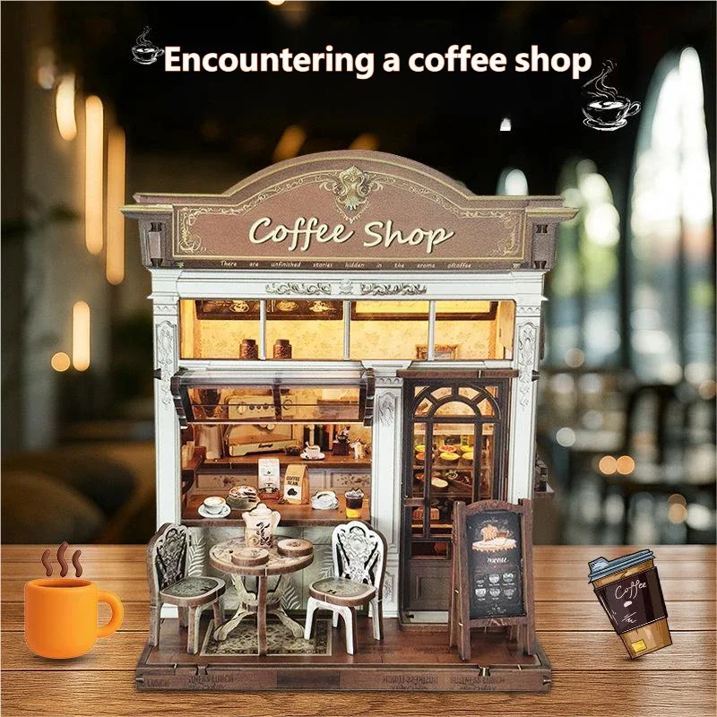 product coffee house doll houses 3d wooden puzzle ce certified eco friendly miniature architecture book nook-0