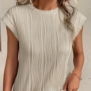 Lady's Daily Casual Basic T-Shirt Simple Classic with Vertical Stripes 100% Cotton Knitted Fabric for Summer Wear
