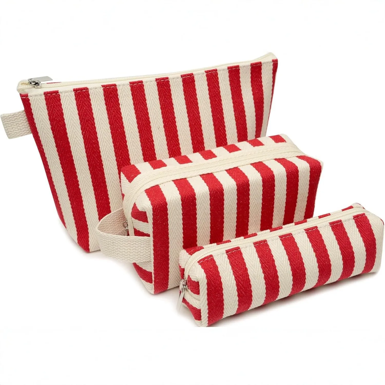 3Pcs Striped Canvas Cosmetic Bag Set Portable Zipper Makeup Organizer Bag Travel Wash Toiletry Bag 3 Sizes Makeup Pouch Set