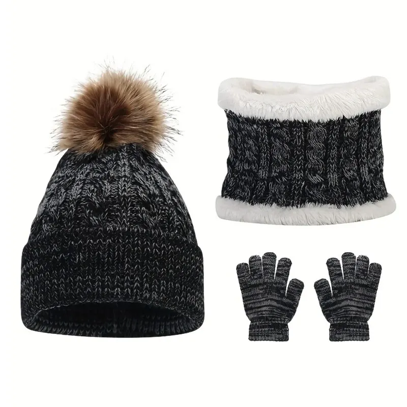 2023 wholesale handmade crochet knitted children baby kids wool winter hat and scarf set glove set with neck warmer