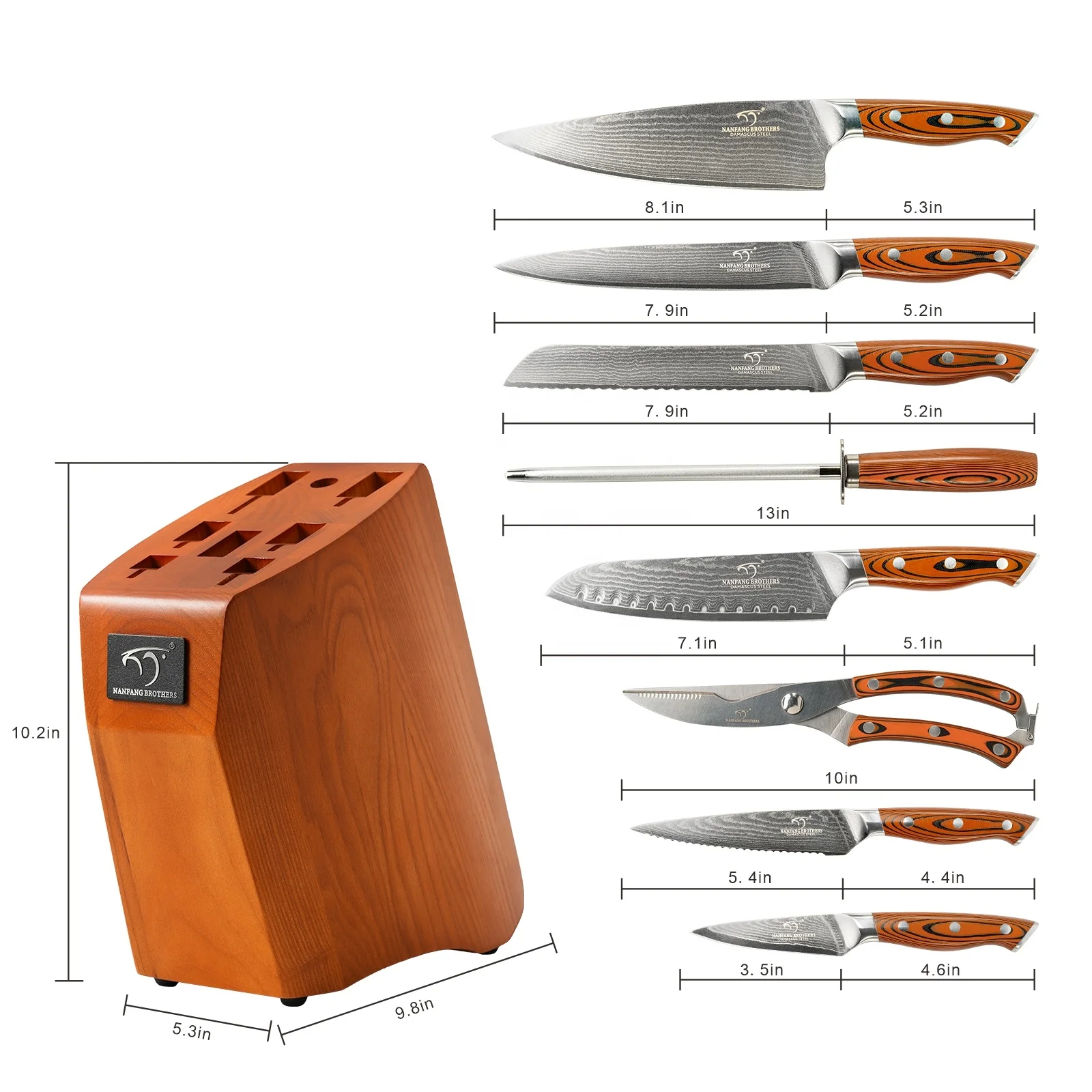 Conjunto de 9 facas de aço damasco com cabo em G10 para carnes, frutas e legumes, com bloco de madeira para facas e tesoura._voghion.com