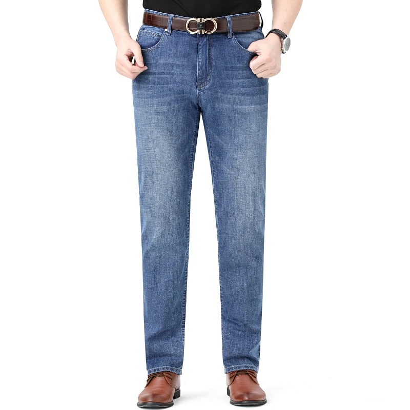 Classic Blue Straight Leg Jeans For Men's High-end Washed Stretch Loose ...