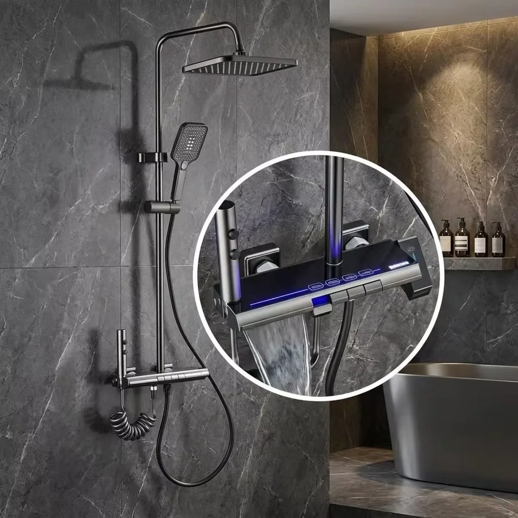 Modern hotel bathroom featuring installed LED digital shower faucet