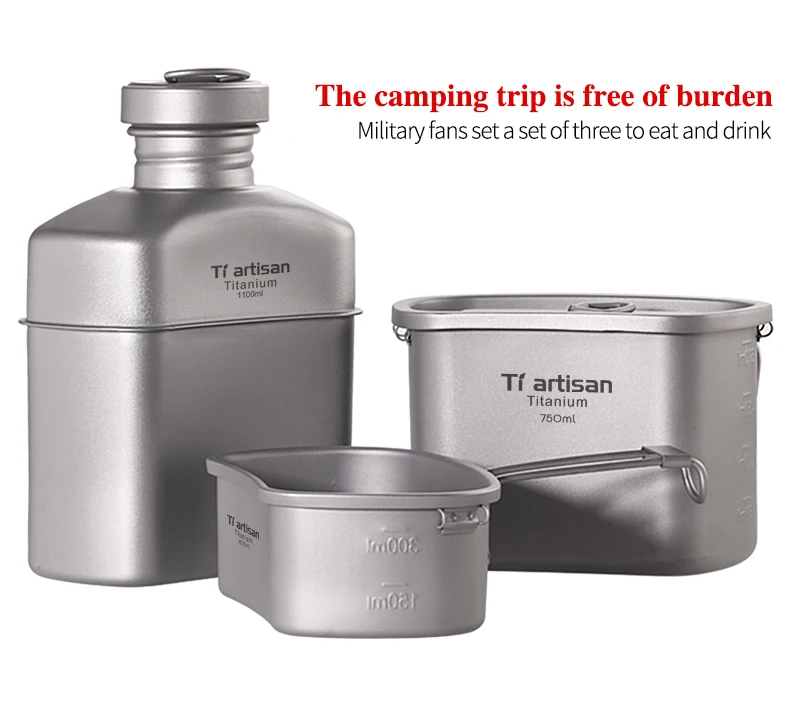 Outdoor Camping Titanium Canteen Cups Set Water Bottle Bowl Kettle